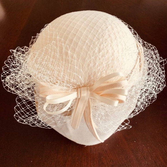 Womens Hat & Veil with Braid Satin Trim Bow MINT Georgette Wedding Bridal - Picture 4 of 7